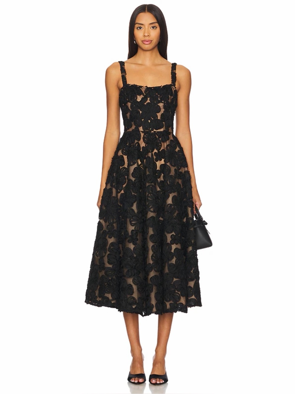 BRONX AND BANCO Sabrina Midi Dress Black Lace Floral Dress New Size S